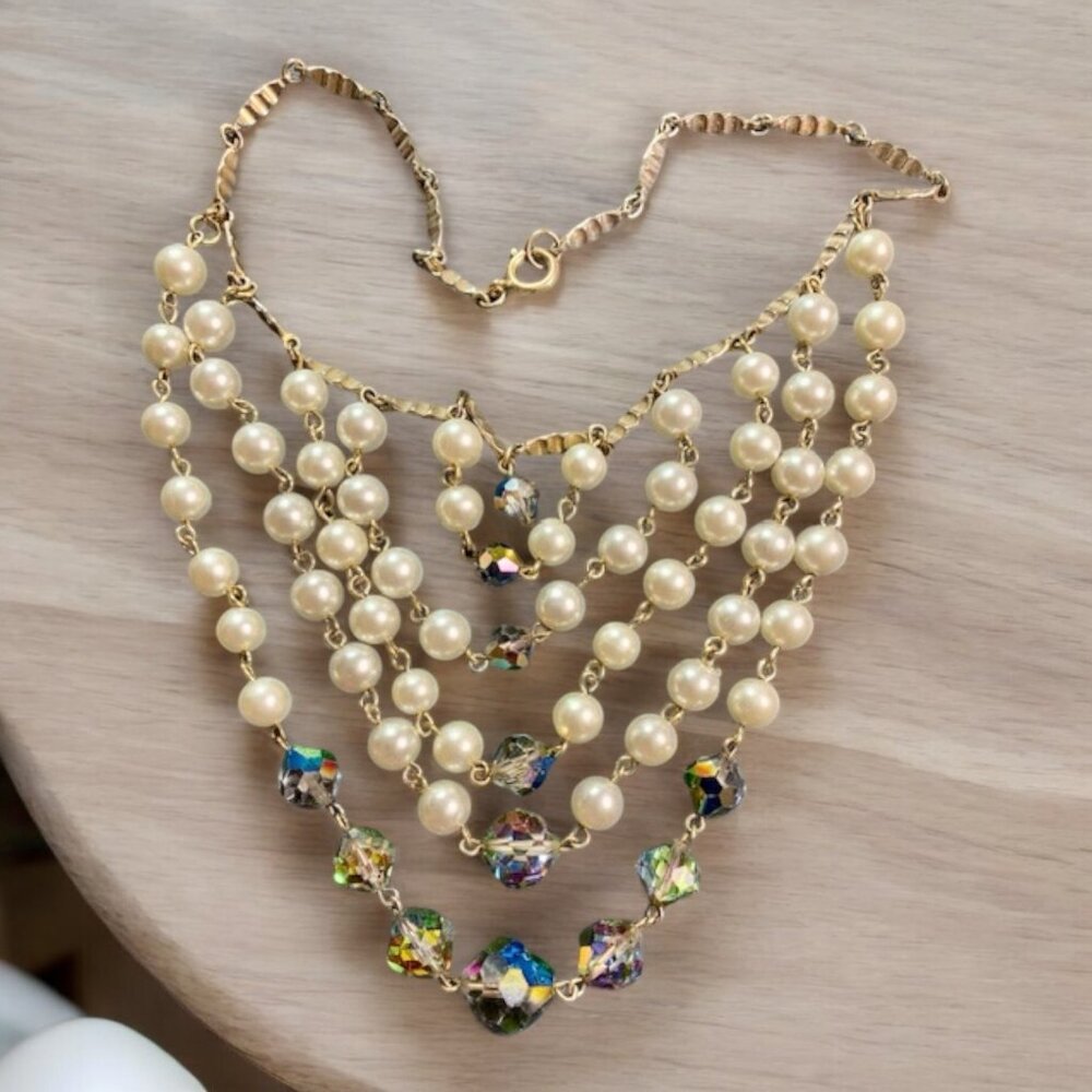 Faux Pearl and Iridescent 6 tier Necklace
